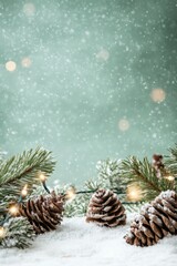 Rustic Light Green Background with Snow and Pine Cones.