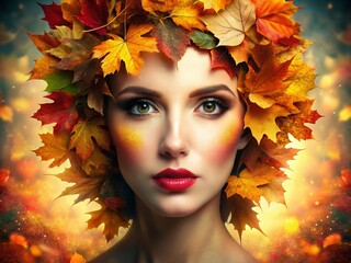 Fototapeta premium Autumn Leaves Makeup Double Exposure Photography: Fall Beauty, Makeup Trends, Leaf Photography