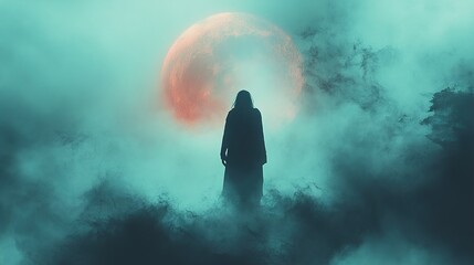 Obraz premium Mysterious Woman Silhouette in Fog with Blood Moon