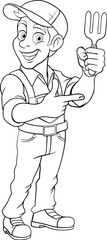 A cartoon gardener or farmer handyman mascot man holding a garden fork tool and pointing