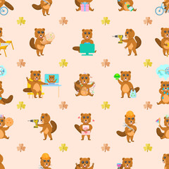 Seamless Pattern Abstract Flat Cartoon Different Animal Beavers Vector Design Style Elements Fauna Wildlife