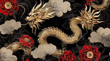 Dynamic golden dragon engaging with blossoms asian art digital design dark background close-up cultural symbolism