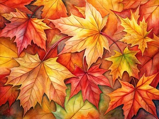 Autumn Watercolor Leaves: Rule of Thirds Composition, Fall Foliage Painting, Vibrant Red Orange Yellow Maple Leaves