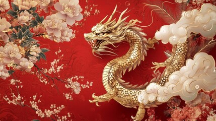 Obraz premium Majestic dragon in blooming cherry blossom landscape traditional art vibrant red background artistic expression cultural symbolism
