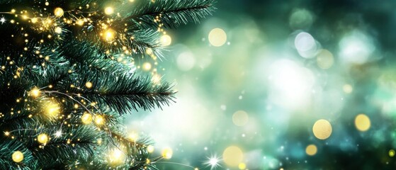 Sparkling Christmas Tree Branch with Festive Lights and Bokeh Background