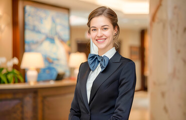Uśmiechnięta recepcjonistka w eleganckim uniformie z niebieską kokardą, stojąca w luksusowym wnętrzu hotelowego lobby. 
