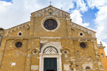 Front facade of the historic cathedral in Volterra, Italy