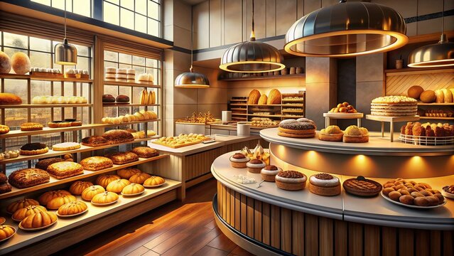 Bakery Counter, Bread, Pastries, Cakes, Sweet Treats, Delicious, Freshly Baked, Food Photography, Symmetrical Arrangement,  Golden Hour,  Bakery Shop
