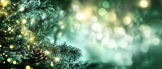 Enchanting Christmas Tree Branch with Lights and Snow, Festive Winter Background