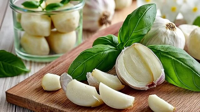 Fresh garlic cloves and basil leaves on a wooden cutting board. Some garlic cloves are sliced. A jar of pickled garlic is in the background.