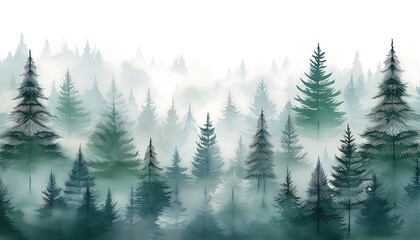 Fototapeta premium Foggy spruce forest seamless pattern with layered silhouettes of fir trees. Generative AI