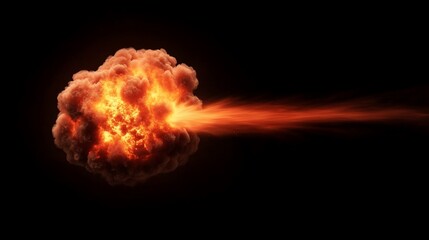 Fiery explosion with trailing smoke against black background.