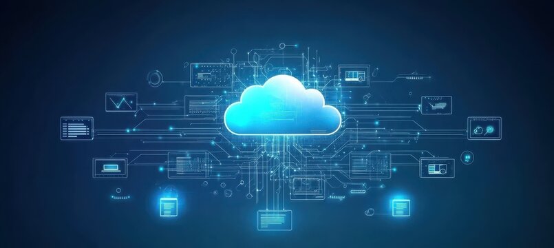 Cloud computing network with cybersecurity design on a fuzzy blue background