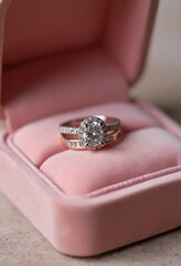 Wedding rings on a pink velvet box. close up rings with diamonds for engagement
