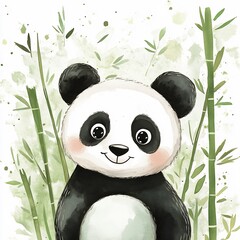 Adorable Cartoon Panda Bear in Bamboo Forest Watercolor for Playful Nursery Design