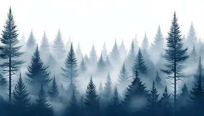 Fototapeta premium Foggy spruce forest with layered silhouettes of fir trees fading into the misty atmosphere. Generative AI