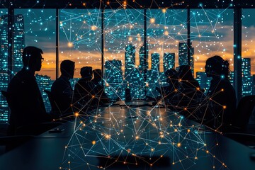 Business meeting with city skyline background.