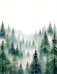 Fototapeta premium Foggy evergreen forest design showcasing delicate overlapping fir tree silhouettes in tranquil ambiance. Generative AI