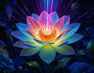 Una flor vibrante y surrealista florece en la oscuridad, sus pétalos brillan con un resplandor de neón fascinante mientras rayos radiantes de luz brotan de su centro