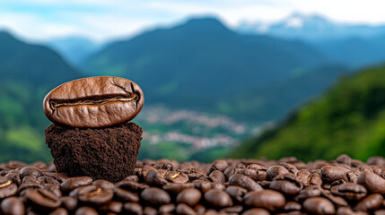 Coffee Bean Mountain View: A single coffee bean stands tall amidst a bed of roasted beans, with a breathtaking mountain range as its backdrop. The rich aroma of freshly ground coffee fills the air.