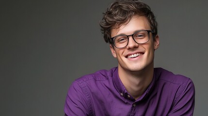 Obraz premium Young Handsome Man Smiling in Purple Shirt Against Neutral Background