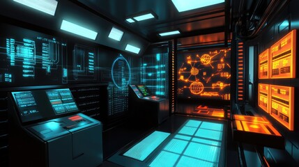 ruang kontrol futuristik dengan layar bercahaya dan antarmuka digital