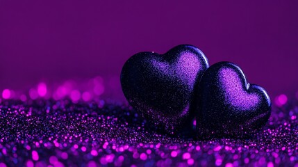 Obraz premium Two purple hearts on glitter surface.