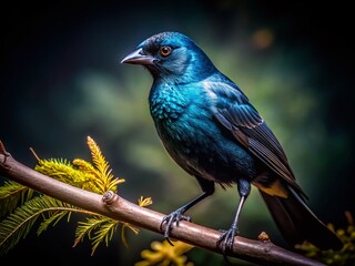 Naklejka premium Black Canary Bird Low Light Photography - Dark Avian Beauty, Nighttime Wildlife, Nocturnal Bird Images