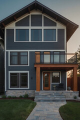 Obraz premium Modern two-story home featuring large windows, wooden accents, and a stone pathway leading to the entrance.