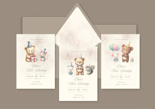 Watercolor Invitation Birthday Template card with animal friends celebrate birthday with cake and gifts.