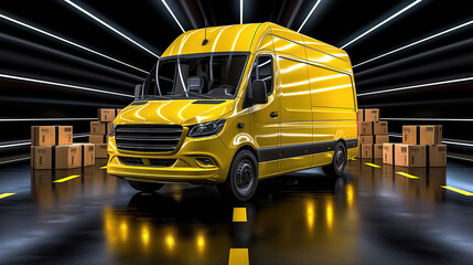 A bright yellow delivery van is parked in garage, surrounded by stacks of cardboard boxes