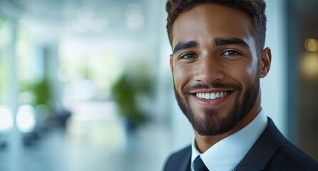 Fototapeta premium Confident businessman with a suit and a smile in a office background, He looking at the camera
