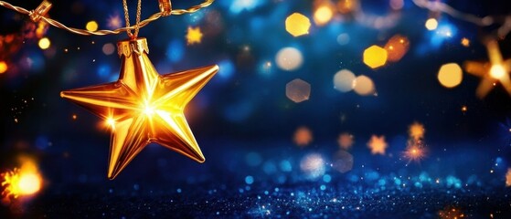 Sparkling Golden Star Christmas Ornament Hanging with Festive Lights