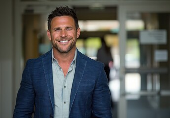 Fototapeta premium A man in a blue suit and a green shirt is smiling