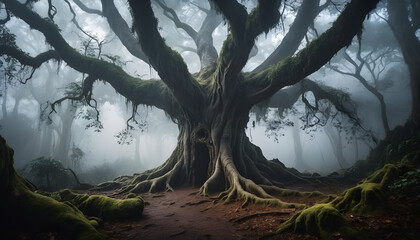 Fototapeta premium An ancient mystical tree with twisting roots and a hollow trunk surrounded by fog in a dense forest