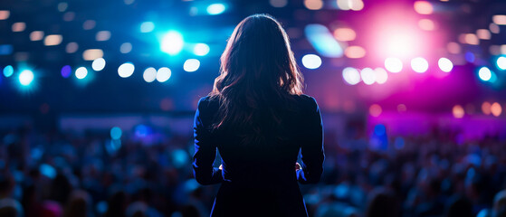 Empowered woman speaking on stage with audience in background