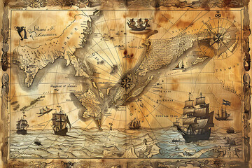 Vintage Maritime Map of North Atlantic Explorations