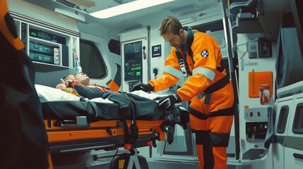 Ambulance interior: paramedic attending to a patient on a stretcher, medical equipment and emergency kits within arms reach