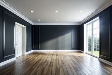 Obraz premium Black Wall White Floor Empty Room 3D Render - Realistic Interior Design Photography