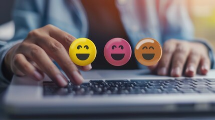 A person on their laptop giving an online customer service experience, touching the happy face emoji among five emoticons to show satisfaction with the good quality and amazing product