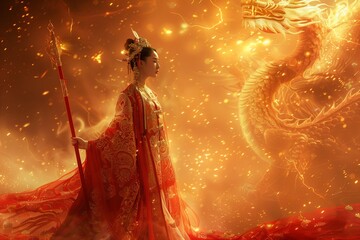 Fototapeta premium A mythical figure stands boldly, summoning a majestic dragon in a fiery landscape.