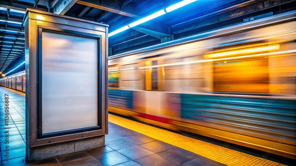 Poster Blank Poster Frame Surrounded by Bokeh Effect with Motion Blur from a Train in New York Subway Station Capturing an Urban Atmosphere and Dynamic Movement