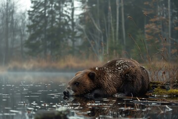 A peaceful bear resting by the serene water, surrounded by tranquil forest scenery.