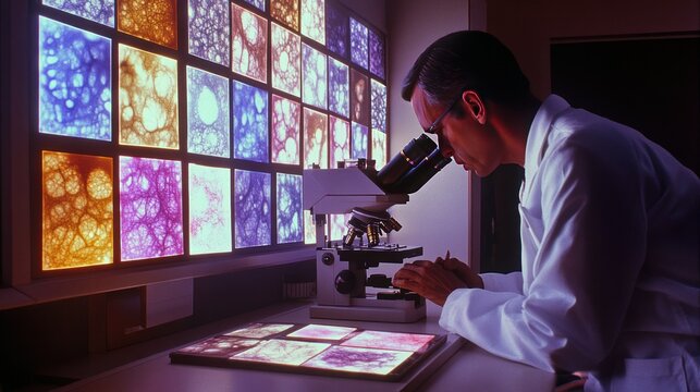 Anatomic pathology lab: tissue samples on slides, pathologist looking through a microscope, stained images displayed on screen