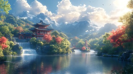 Fototapeta premium Serene Asian Temple Waterfall Mountain Landscape
