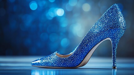 A single blue high-heeled shoe completely covered in sparkly rhinestones.