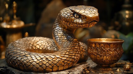 Fototapeta premium Golden Snake Sculpture With Ornate Goblet