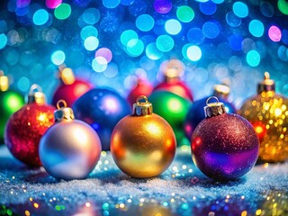 Obraz premium Blue Christmas Background, Colorful Ornament Bokeh, Festive Holiday Decor, Christmas Ball Wallpaper, Winter Wonderland