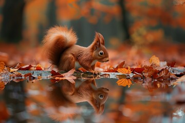 A playful squirrel exploring colorful autumn leaves by a reflective pond.