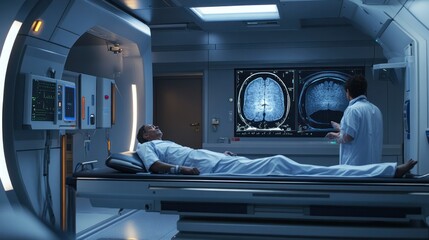 CT scanner room: patient on the sliding table, technician in adjacent room viewing cross-sectional images